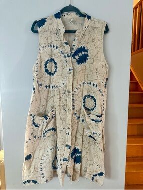 Artisan Batik Tie Dye Sleeveless Button-Up Midi Dress Tunic with Pockets L/XL